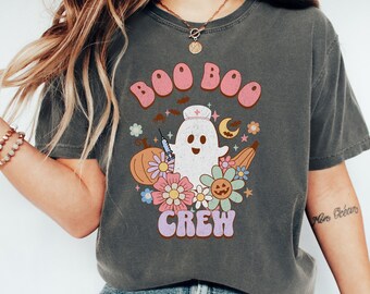 Maglietta Boo Crew, maglietta Nurse Ghost, maglietta di Halloween Retro Nurse, maglietta divertente di Halloween Nurse, maglietta carina Nurse, regalo di Halloween per infermiere