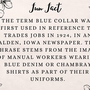 Pode incluir: Texto preto e branco sobre um fundo rosa claro com detalhes florais. O texto diz "Fun Fact" e explica a origem do termo "blue collar" em 1924.