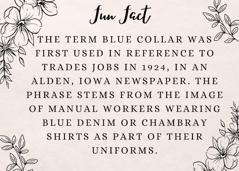 Pode incluir: Texto preto e branco sobre um fundo rosa claro com detalhes florais. O texto diz "Fun Fact" e explica a origem do termo "blue collar" em 1924.