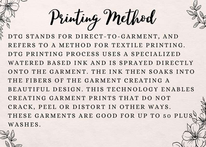 Pode incluir: Texto que explica o m&eacute;todo de impress&atilde;o Direct-to-Garment (DTG). Descreve como a tinta &agrave; base de &aacute;gua &eacute; pulverizada diretamente na roupa, absorvendo nas fibras para criar um design dur&aacute;vel e de alta qualidade que pode resistir a at&eacute; 50 lavagens.