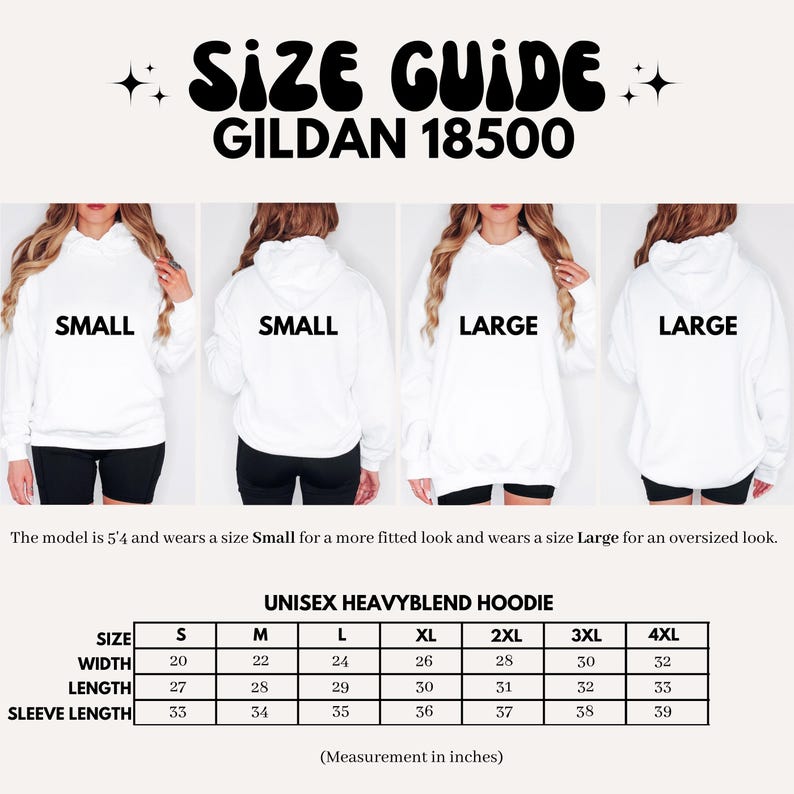 Puede incluir: Tabla de tallas para una sudadera con capucha unisex Gildan 18500 de mezcla pesada. La tabla muestra las medidas en pulgadas para el ancho, la longitud y la longitud de la manga para las tallas S a 4XL.