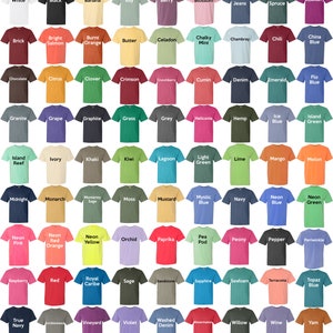 May include: A chart of 64 different coloured t-shirts with the name of each colour printed on the front of each shirt.