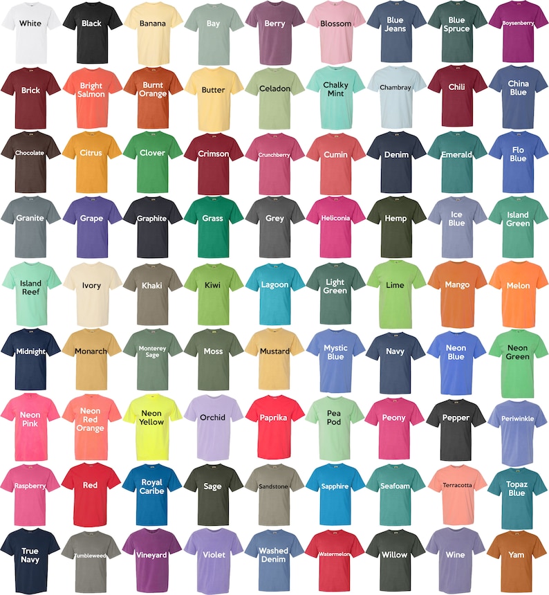 May include: A chart of 64 different coloured t-shirts with the name of each colour printed on the front of each shirt.