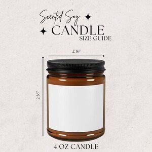 May include: A 4 ounce amber glass candle jar with a black lid and a white label. The candle jar is 2.36 inches wide and 2.56 inches tall. "Scented Soy Candle Size Guide" is written at the top of the image.