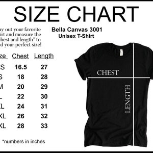 Pode incluir: Tabela de tamanhos para uma camiseta unissex Bella Canvas 3001. A tabela mostra as medidas de t&oacute;rax e comprimento em polegadas para os tamanhos XS a 3XL.