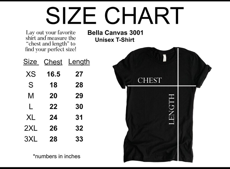 Pode incluir: Tabela de tamanhos para uma camiseta unissex Bella Canvas 3001. A tabela mostra as medidas de t&oacute;rax e comprimento em polegadas para os tamanhos XS a 3XL.