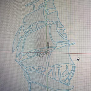 May include: A blue line drawing of a ship on a gridded background. The ship has a tall mast and sails, and a large hull.