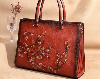 100% echtes Rindsleder Vintage Luxus Design Handtaschen / Geprägte Damen Retro Schultertasche