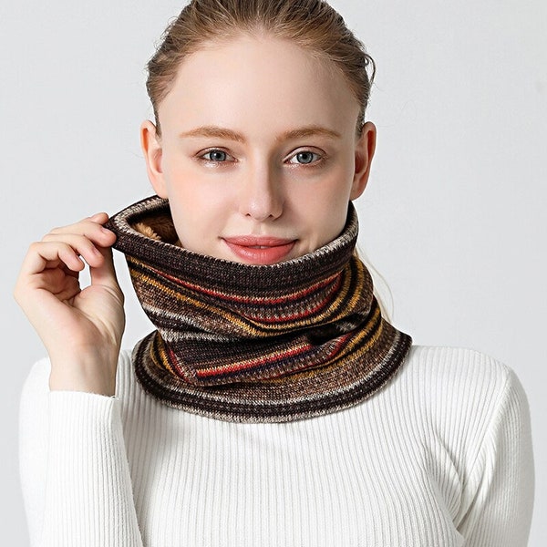 100% Wool Knitted thick Autumn / Winter Neck Warmer Windproof Double-Layer Fleece lined Scarf Women