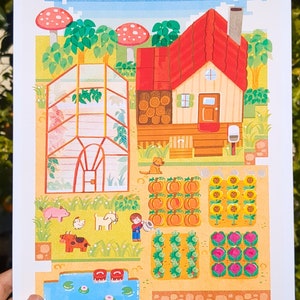 Stardew Valley Poster A4 Wall Art Print // Cosy Gaming Farm Cute Animals Mushroom Cottagecore Digital Illustration Fanart Gift