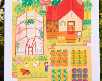 Stardew Valley Poster A4 Wall Art Print // Cosy Gaming Farm Cute Animals Mushroom Cottagecore Digital Illustration Fanart Gift