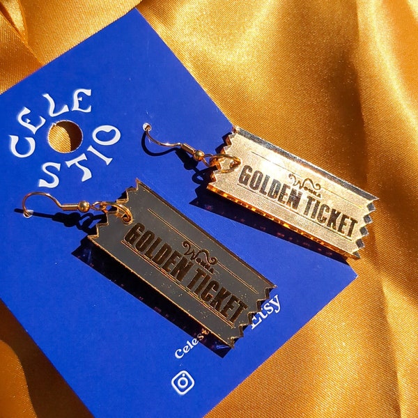 Willy Wonka Golden Ticket Boucles d'oreilles en acrylique - Miroir gravé pour enfants Roald Dahl Book Laser Cut Dangle Stud Statement Bijoux Bijoux