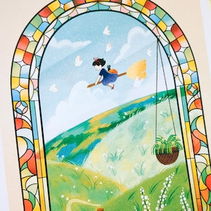 Kiki&#39;s Delivery Service A5 Wall Art Print//Studio Ghibli geïnspireerd Japanse anime cartoon heks kinder illustratie fanart cadeau merchandise