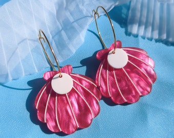 Hot Pink Shell Earrings - Beach Sea Pearl Retro Laser Cut Marble Acrylic Dangle Stud Movie Fun Novelty Statement Jewelry Tropical