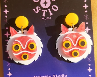 Princess Mononoke Mask Earrings - Acrylic Studio Ghibli Anime Cute Engraved Glitter Laser Cut Dangle Stud Handmade Jewelry Jewellery Gift