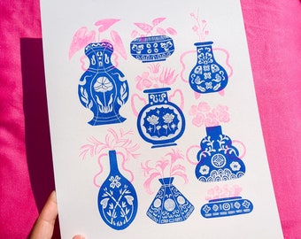 Chinese Porcelain Vases Riso Print // A4 Wall Art Decor Asian Blue & Pink Ceramic Flowers Painting Alternative Illustration Gift Poster