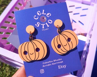 Cute Pumpkin Acrylic Earrings - Halloween Spooky Engraved Laser Cut Dangle Stud Fun Statement Jewelry Pastel Orange