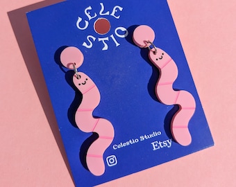 Cute Pink Worm Acrylic Earrings - Engraved Laser Cut Dangle Stud Cute Fun Playful Novelty Statement Jewellery