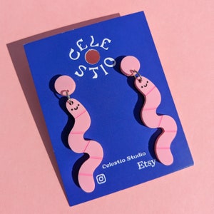 Cute Pink Worm Acrylic Earrings - Engraved Laser Cut Dangle Stud Cute Fun Playful Novelty Statement Jewellery