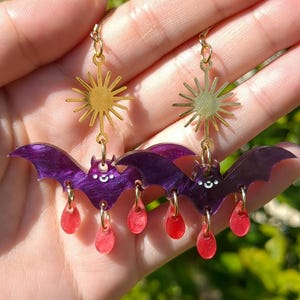 Bat Blood Drop Earrings | Halloween Mystical Dark Kawaii Goth Spooky Witchy Stars Acrylic Dangle Hook | Handmade Novelty Statement Jewelry