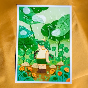 Impresión de arte de pared de campos de nenúfares // Ilustración digital linda para niños de bosque lluvioso A4, regalo de fan art, decoración de habitación infantil, póster verde