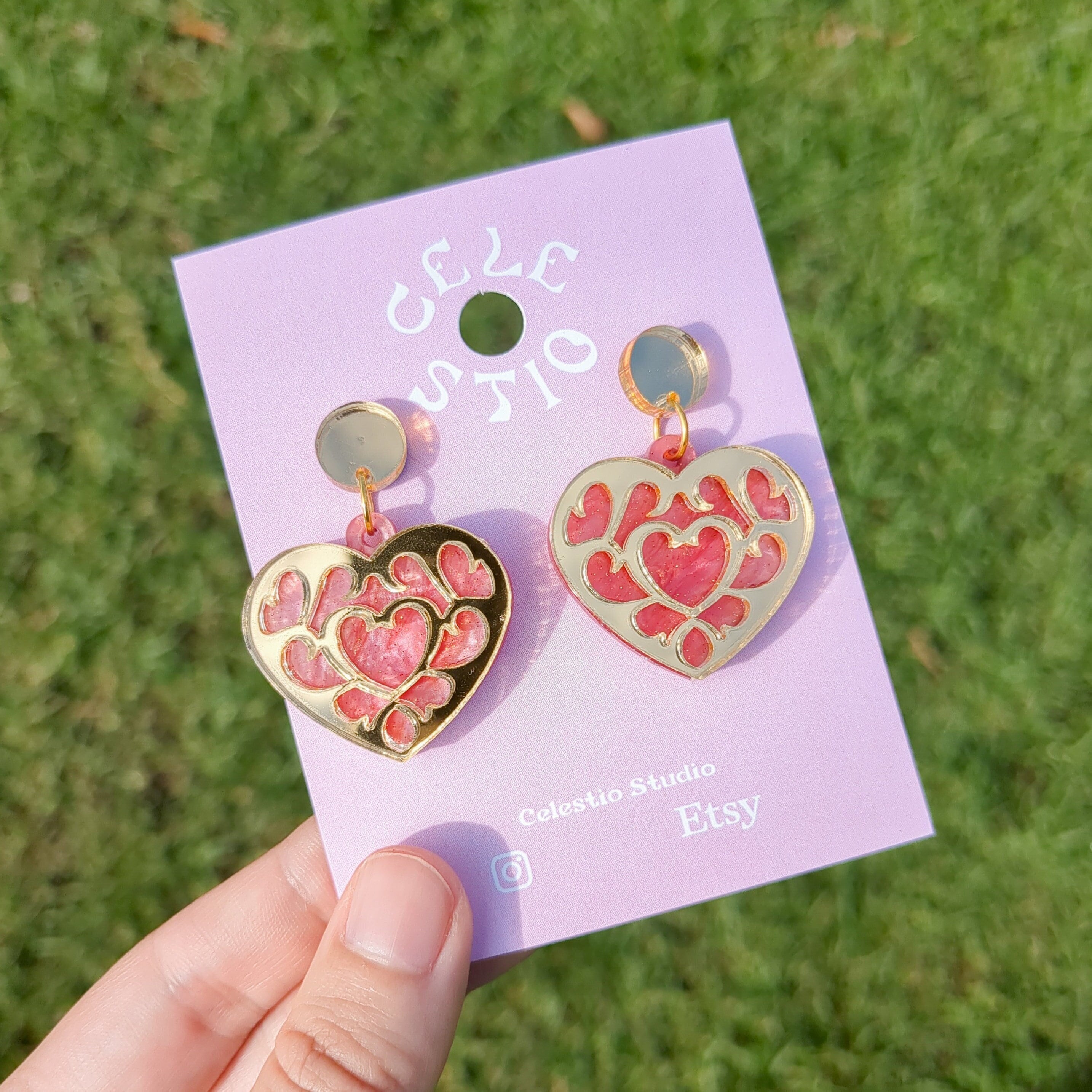 Zelda Gold Heart Container Acrylic Earrings Engraved Mirror 