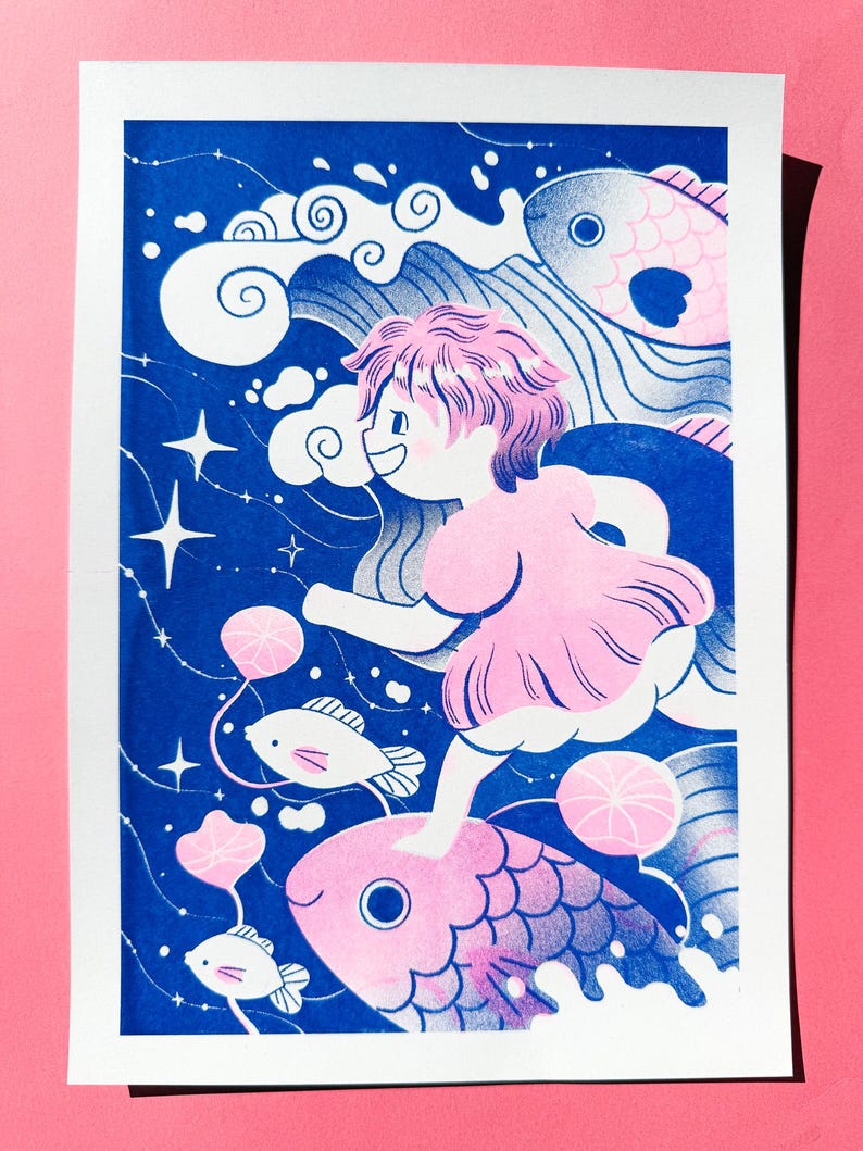 May include: A whimsical illustration featuring a person in a pink dress running on a large pink fish, with smaller fish and bubbles. The background is a deep blue with white waves, stars, and clouds. The artwork has a playful, dreamlike quality.