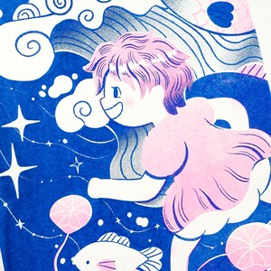 May include: A whimsical illustration featuring a person with pink hair and clothing, seemingly running across a fish. The background is a deep blue with white clouds, stars, and fish, creating a dreamlike scene. The artwork has a playful, cartoonish style.