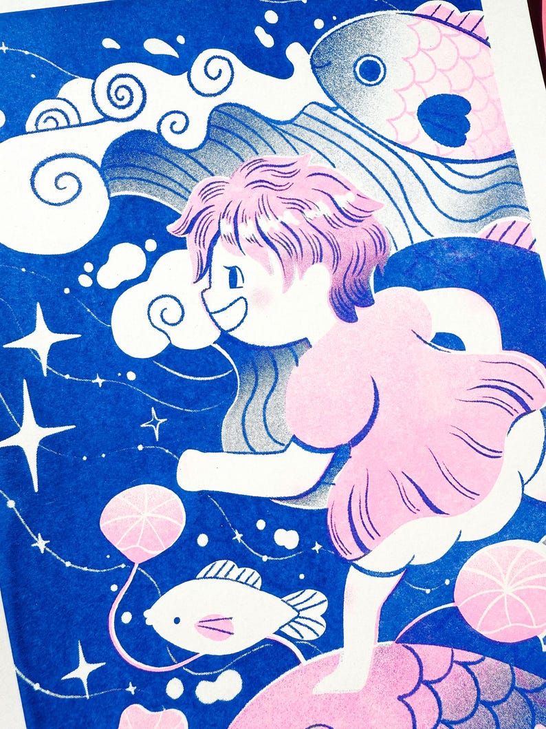 May include: A whimsical illustration featuring a person with pink hair and clothing, seemingly running across a fish. The background is a deep blue with white clouds, stars, and fish, creating a dreamlike scene. The artwork has a playful, cartoonish style.
