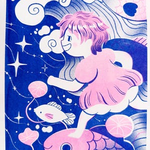 May include: Illustration of a person with pink hair and a pink dress riding a pink fish through a blue starry sky. Other fish and cloud-like shapes are also present. The artwork has a whimsical, dreamlike quality.