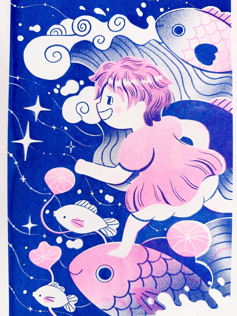 May include: Illustration of a person with pink hair and a pink dress riding a pink fish through a blue starry sky. Other fish and cloud-like shapes are also present. The artwork has a whimsical, dreamlike quality.