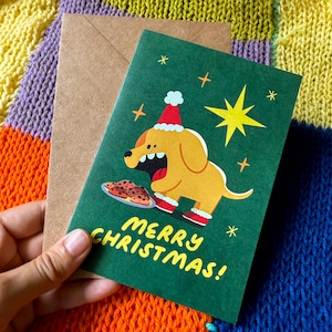 Tarjeta de felicitación navideña con perro / Linda ilustración de dibujos animados para amantes de los perros, hecha a mano en Australia, en blanco, reciclada, con sobre.