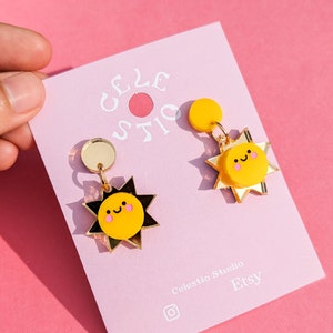 Gold Sun Acrylic Earrings - Engraved Yellow Summer Laser Cut Dangle Stud Cute Unique Playful Statement Novelty Jewelry Jewellery