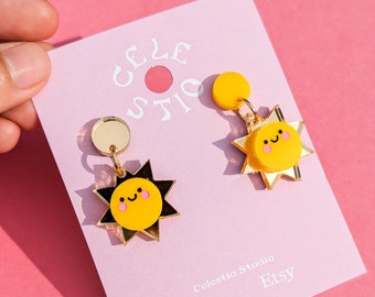 Gold Sun Acrylic Earrings - Engraved Yellow Summer Laser Cut Dangle Stud Cute Unique Playful Statement Novelty Jewelry Jewellery