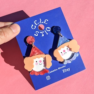 Clown Acrylic Earrings - Cute Happy Sad Circus Engraved Laser Cut Dangle Stud Statement Jewelry Jewellery