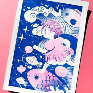 May include: A whimsical illustration featuring a person in a pink dress running on a fish through a blue and white starry sky. Pink fish, clouds, and decorative elements add to the dreamlike quality of the artwork. The print is on a white background.