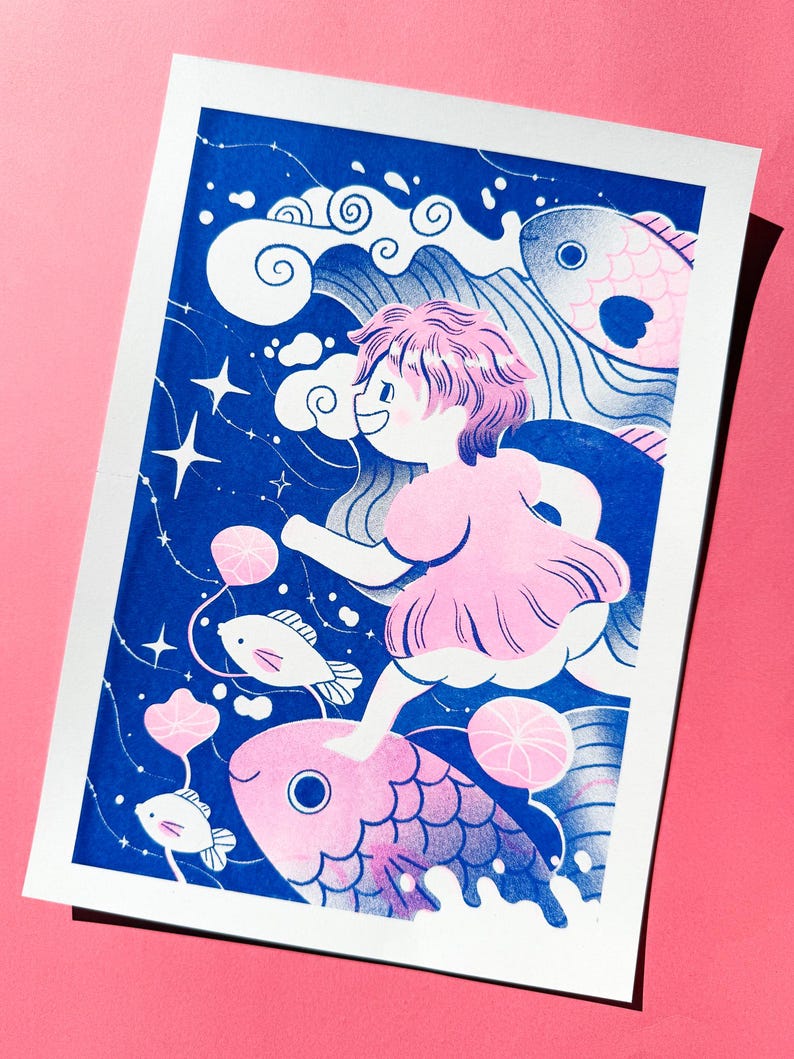 May include: A whimsical illustration featuring a person in a pink dress running on a fish through a blue and white starry sky. Pink fish, clouds, and decorative elements add to the dreamlike quality of the artwork. The print is on a white background.