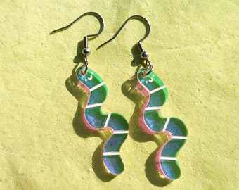 Iridescent Worm Drop Earrings Acrylic Holographic Engraved Laser Cut Clear Dangle Drop Cute Fun Playful Novelty Statement Jewelry