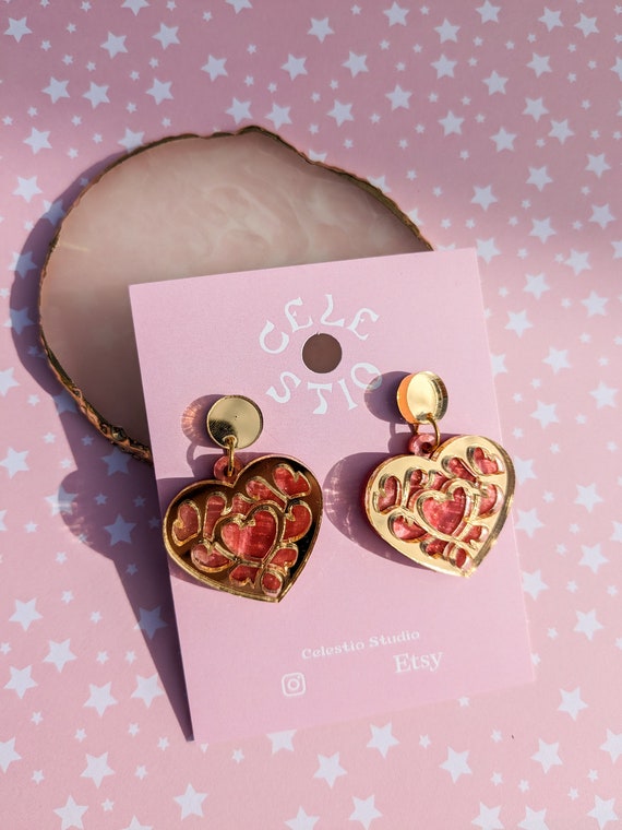 Zelda Gold Heart Container Acrylic Earrings Engraved Mirror 