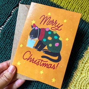 Cat Christmas Greeting Card / Cute Cartoon Illustration Pet Cat Lover Handmade Australian Made Blank Recycled Paper - With Envelope!