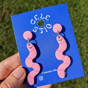 Cute Pink Worm Acrylic Earrings Engraved Laser Cut Dangle Stud Cute Fun Playful Novelty Statement Jewellery image 2