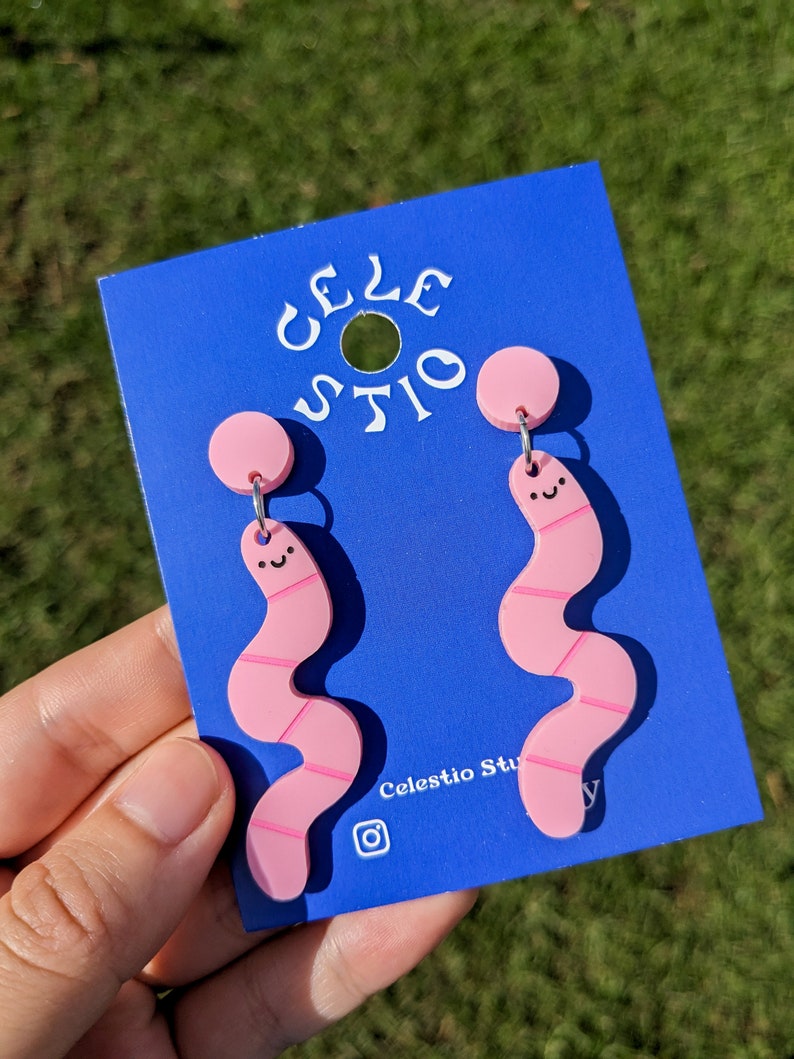 Cute Pink Worm Acrylic Earrings Engraved Laser Cut Dangle Stud Cute Fun Playful Novelty Statement Jewellery image 2