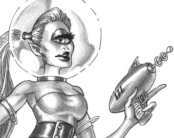 Space Alien Pin-up - Ilustración original de pluma y lavado de tinta - 11"x14" en papel de acuarela de 300 gsm - Obra de arte original firmada por Louis Hart