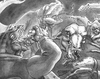 Lizard Lounge - Ilustración original de lavado con pluma y tinta - 11"x14" en papel de acuarela de 300 gsm - Obra de arte original firmada por Louis Hart