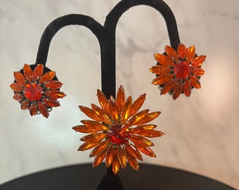 JUDY LEE Signed Brooch Pendant & Earrings Set - Orange Flower Starburst - Vintage