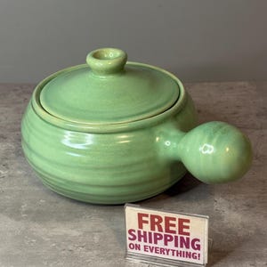 Vintage Shearwater Pottery Bean Pot with Lid – Pale Green Glaze, Side Handle, Handcrafted Stoneware