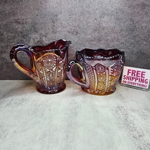 Vintage Sunset Red Carnival Glass Cream and Sugar Set - Indiana Glass - 1970&#39;s