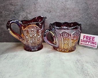 Vintage Sunset Red Carnival Glass Cream and Sugar Set - Indiana Glass - 1970's