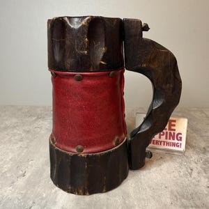 Vintage Holz Bierkrug - Leder & Holz - Rustikale Mann Höhle Dekor