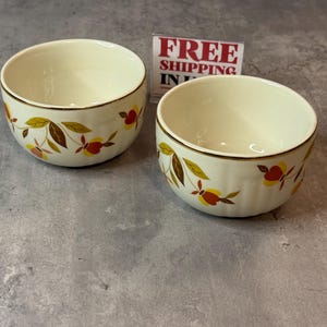 May include: Two cream-colored ceramic bowls with a brown rim and a floral pattern of yellow, brown, and red leaves and flowers. The bowls have a slightly ribbed texture. The background is a gray surface.